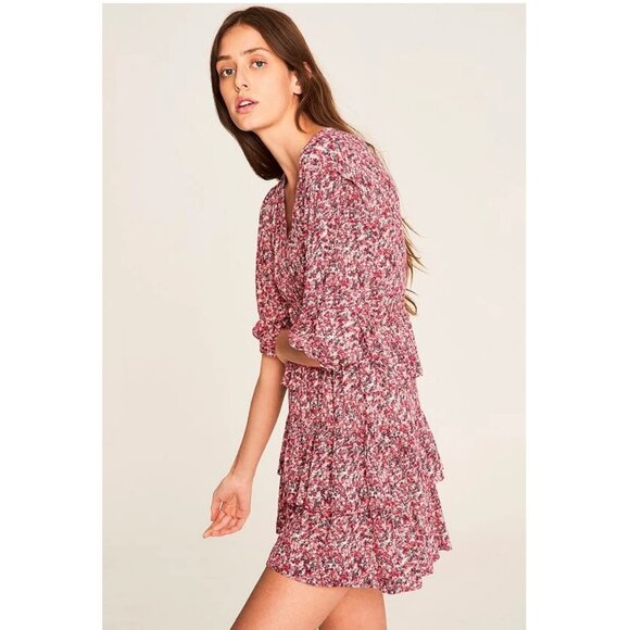 BA&SH Nina Tiered Printed Crepe Mini Dress / Small / Fuschia - Picture 3 of 11